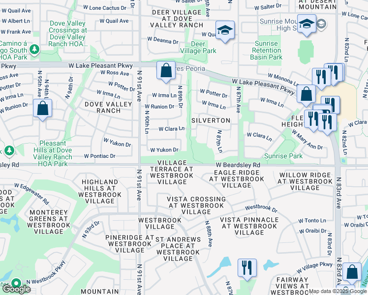 map of restaurants, bars, coffee shops, grocery stores, and more near 20361 North 89th Drive in Peoria
