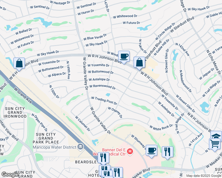 map of restaurants, bars, coffee shops, grocery stores, and more near 14660 West Ravenswood Drive in Sun City West
