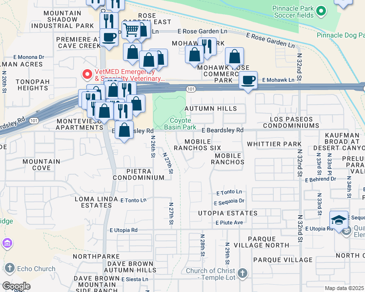 map of restaurants, bars, coffee shops, grocery stores, and more near 20035 North 27th Place in Phoenix