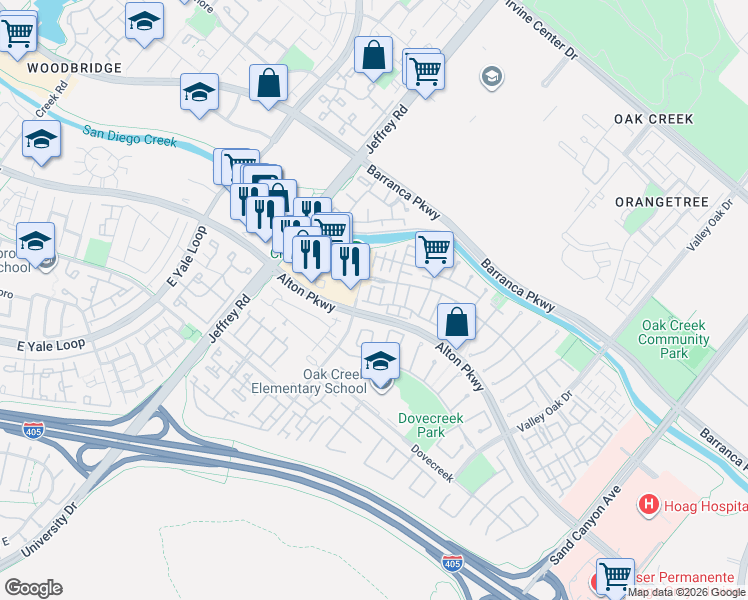 map of restaurants, bars, coffee shops, grocery stores, and more near 158 Falcon Creek in Irvine