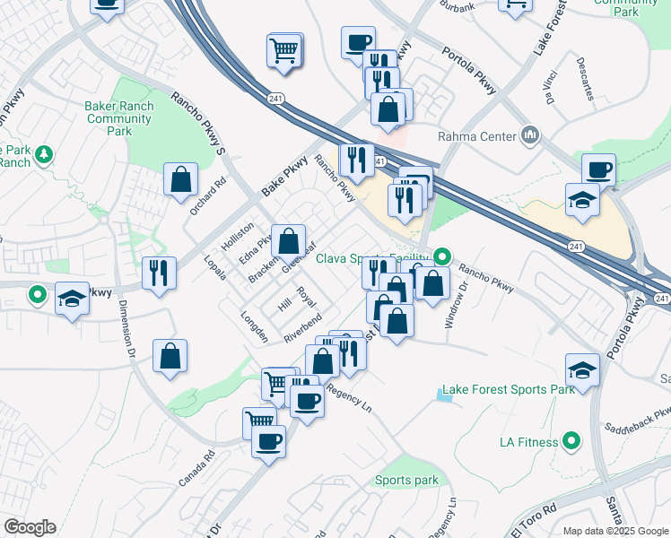 map of restaurants, bars, coffee shops, grocery stores, and more near 150 Orange Grove in Lake Forest