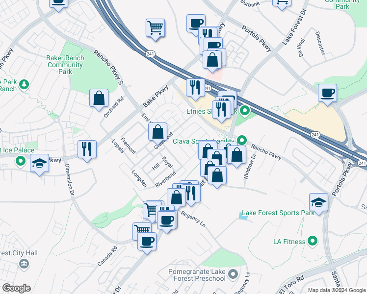 map of restaurants, bars, coffee shops, grocery stores, and more near 150 Orange Grove in Lake Forest
