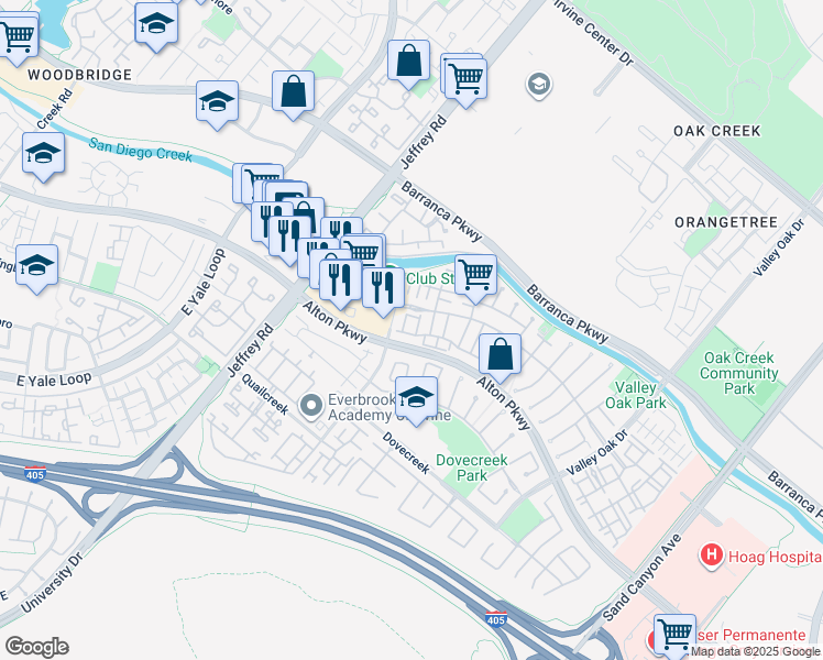 map of restaurants, bars, coffee shops, grocery stores, and more near 309 Falcon Creek in Irvine