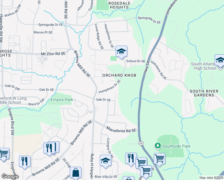 map of restaurants, bars, coffee shops, grocery stores, and more near 3164 Humphries Drive Southeast in Atlanta
