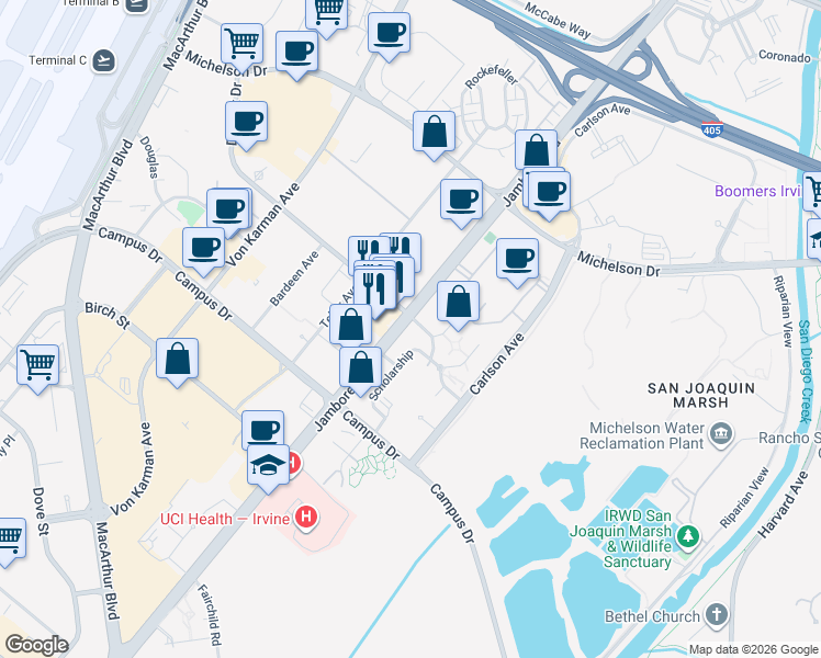 map of restaurants, bars, coffee shops, grocery stores, and more near 1358 Scholarship in Irvine
