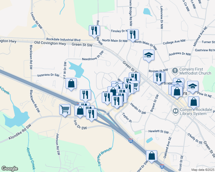 map of restaurants, bars, coffee shops, grocery stores, and more near 2212 Palomino Lane in Conyers