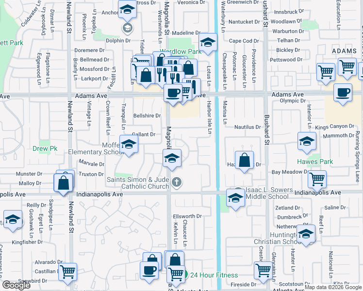 map of restaurants, bars, coffee shops, grocery stores, and more near 20253 Lantana Drive in Huntington Beach