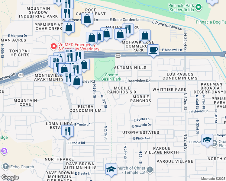 map of restaurants, bars, coffee shops, grocery stores, and more near 20035 North 27th Place in Phoenix