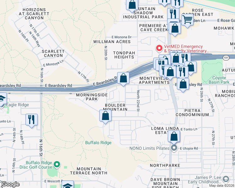 map of restaurants, bars, coffee shops, grocery stores, and more near 20045 North 20th Way in Phoenix
