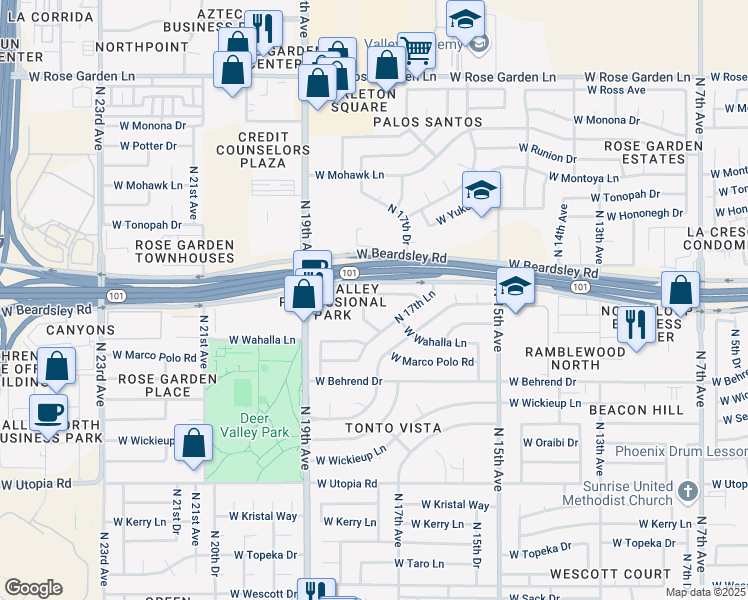 map of restaurants, bars, coffee shops, grocery stores, and more near 1802 West Menadota Drive in Phoenix