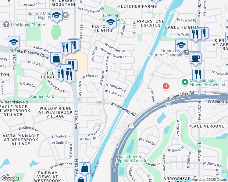map of restaurants, bars, coffee shops, grocery stores, and more near 8039 West Tonopah Drive in Peoria