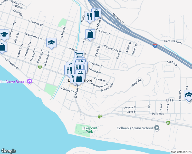 map of restaurants, bars, coffee shops, grocery stores, and more near 218 East Heald Avenue in Lake Elsinore