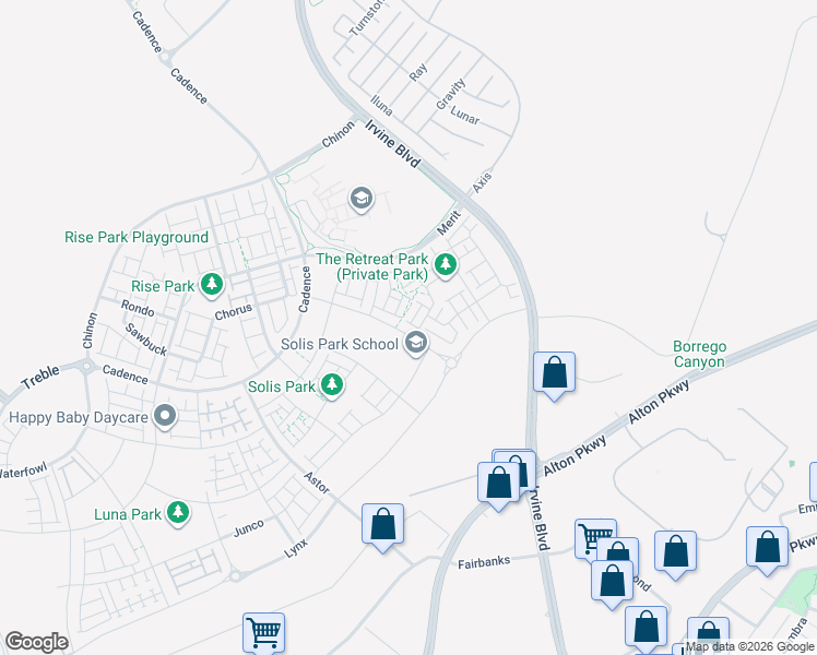 map of restaurants, bars, coffee shops, grocery stores, and more near C Street in Irvine