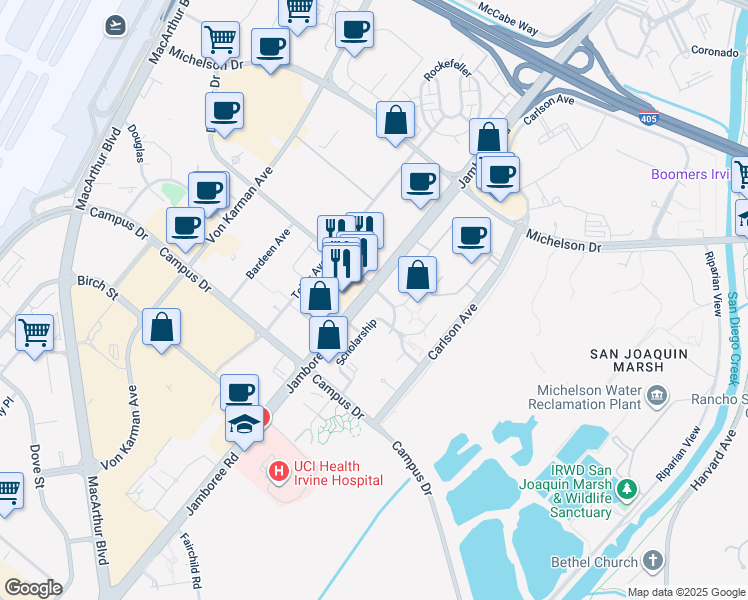 map of restaurants, bars, coffee shops, grocery stores, and more near in Irvine