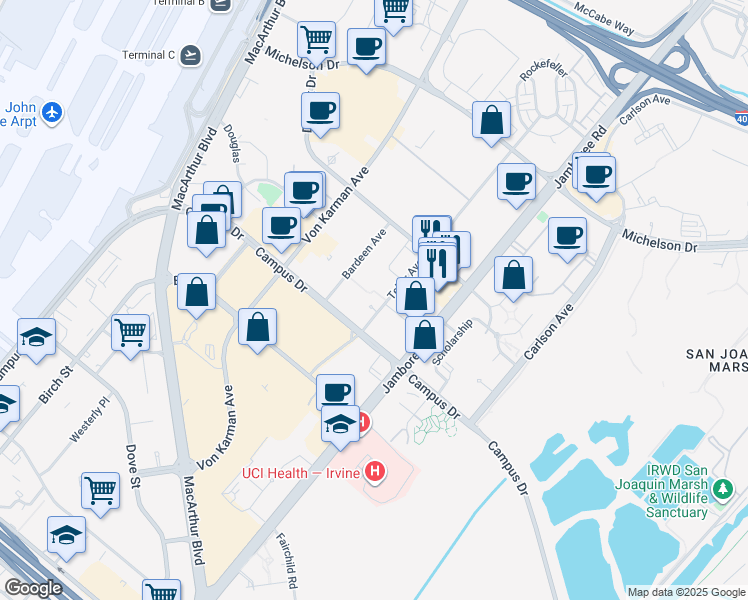 map of restaurants, bars, coffee shops, grocery stores, and more near 18871 Teller Avenue in Irvine