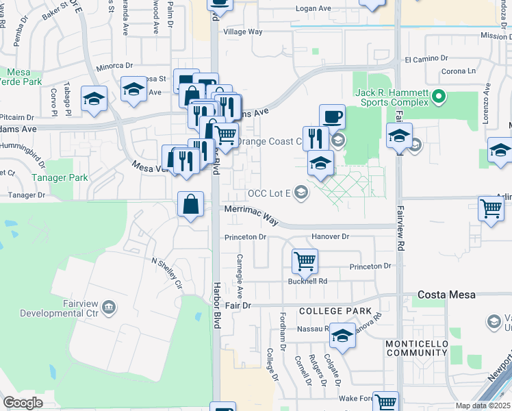 map of restaurants, bars, coffee shops, grocery stores, and more near 400 Merrimac Way in Costa Mesa