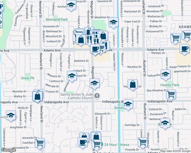 map of restaurants, bars, coffee shops, grocery stores, and more near 20210 Peach Lane in Huntington Beach