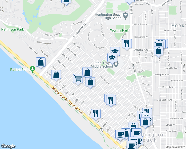 map of restaurants, bars, coffee shops, grocery stores, and more near 602 17th Street in Huntington Beach