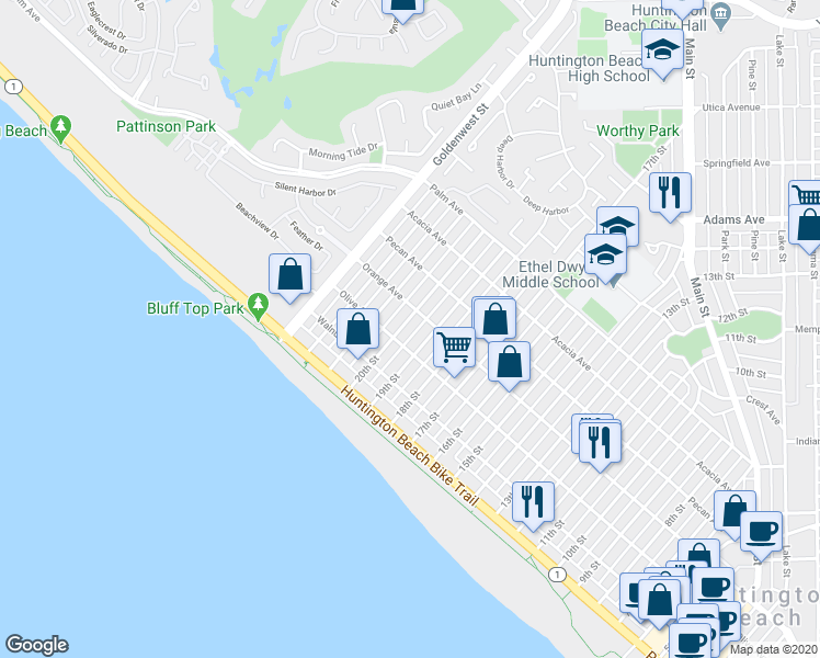 map of restaurants, bars, coffee shops, grocery stores, and more near 325 20th Street in Huntington Beach