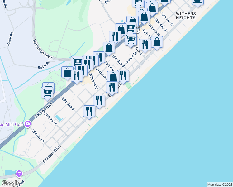 map of restaurants, bars, coffee shops, grocery stores, and more near 2007 South Ocean Boulevard in Myrtle Beach