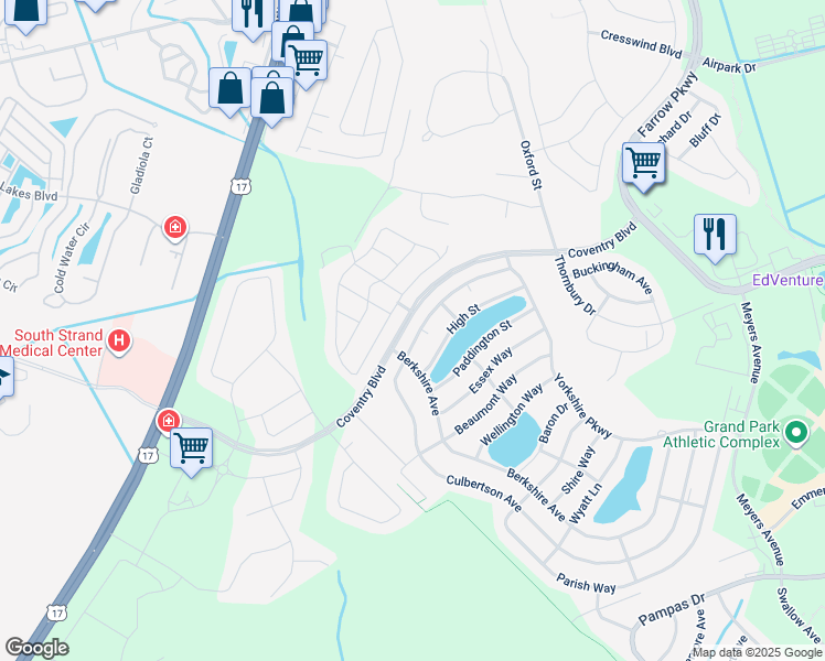 map of restaurants, bars, coffee shops, grocery stores, and more near 1761 Coventry Boulevard in Myrtle Beach