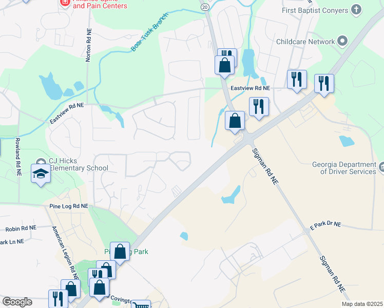 map of restaurants, bars, coffee shops, grocery stores, and more near 2080 Belmont Circle Northeast in Conyers