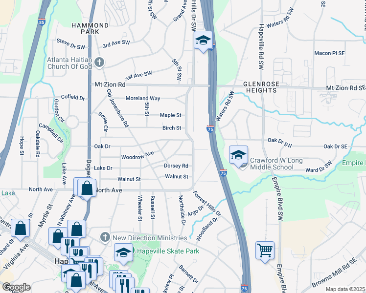 map of restaurants, bars, coffee shops, grocery stores, and more near 356 Lake Drive in Hapeville