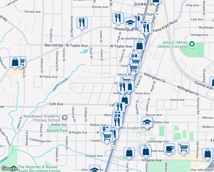 map of restaurants, bars, coffee shops, grocery stores, and more near 1827 Dunlap Avenue in East Point