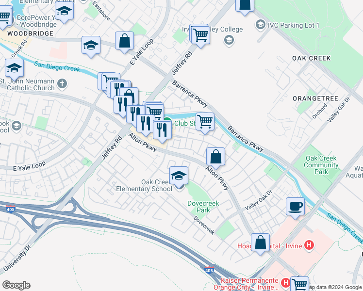 map of restaurants, bars, coffee shops, grocery stores, and more near 302 Birch Grove in Irvine