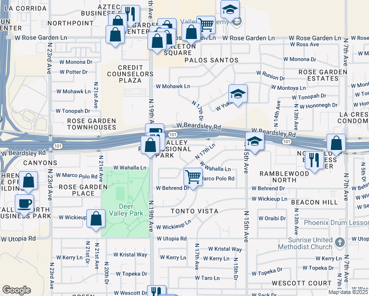 map of restaurants, bars, coffee shops, grocery stores, and more near 1802 West Menadota Drive in Phoenix