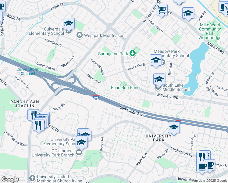 map of restaurants, bars, coffee shops, grocery stores, and more near 108 Echo Run in Irvine