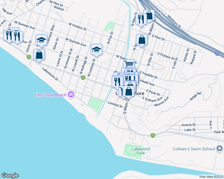 map of restaurants, bars, coffee shops, grocery stores, and more near 274 West Graham Avenue in Lake Elsinore