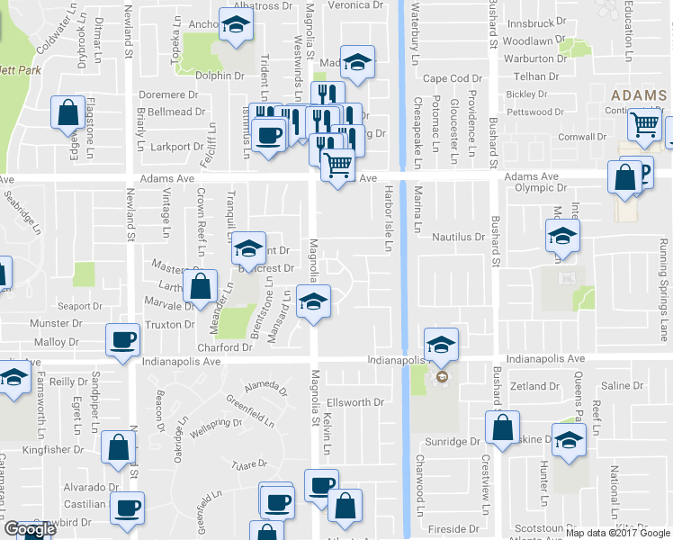 map of restaurants, bars, coffee shops, grocery stores, and more near 20253 Lantana Drive in Huntington Beach