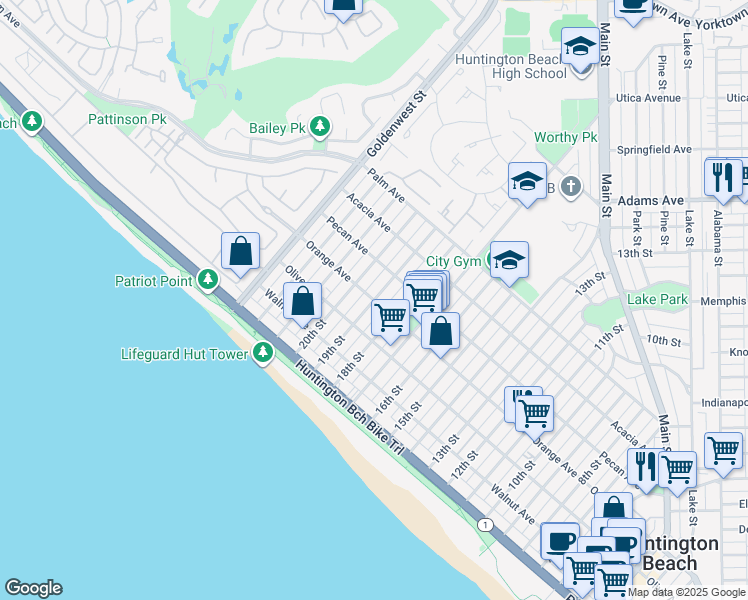 map of restaurants, bars, coffee shops, grocery stores, and more near 222 19th Street in Huntington Beach
