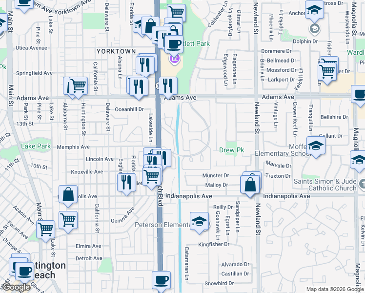 map of restaurants, bars, coffee shops, grocery stores, and more near 20251 Sealpoint Lane in Huntington Beach