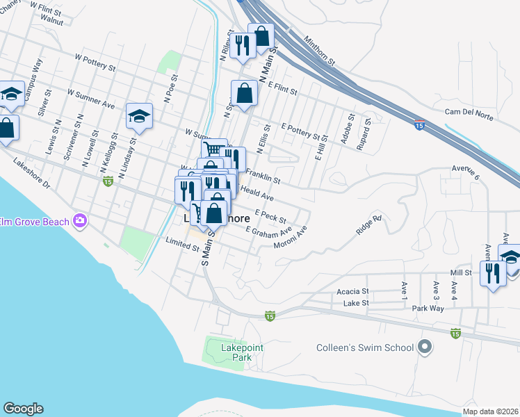 map of restaurants, bars, coffee shops, grocery stores, and more near 237 East Peck Street in Lake Elsinore