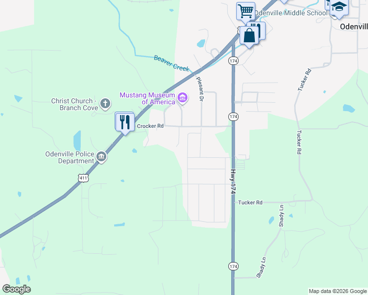 map of restaurants, bars, coffee shops, grocery stores, and more near 303 Crocker Road in Odenville
