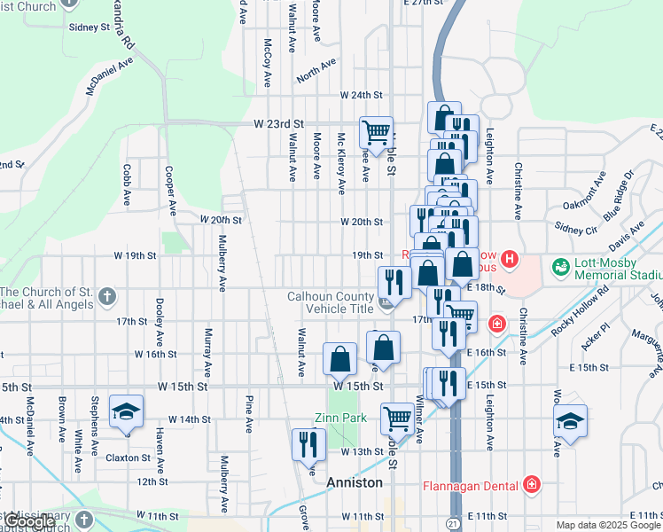 map of restaurants, bars, coffee shops, grocery stores, and more near 209 19th Street in Anniston