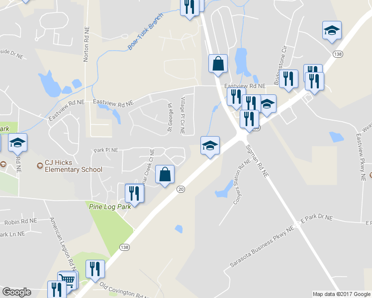 map of restaurants, bars, coffee shops, grocery stores, and more near 2080 Belmont Circle Northeast in Conyers