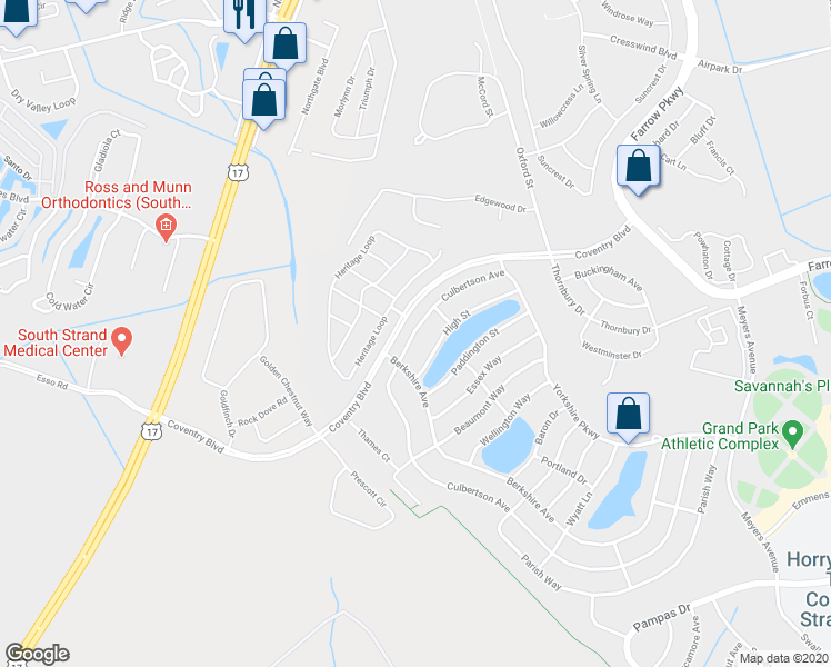 map of restaurants, bars, coffee shops, grocery stores, and more near 1761 Coventry Boulevard in Myrtle Beach