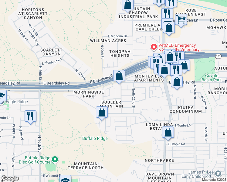 map of restaurants, bars, coffee shops, grocery stores, and more near 20045 North 20th Way in Phoenix