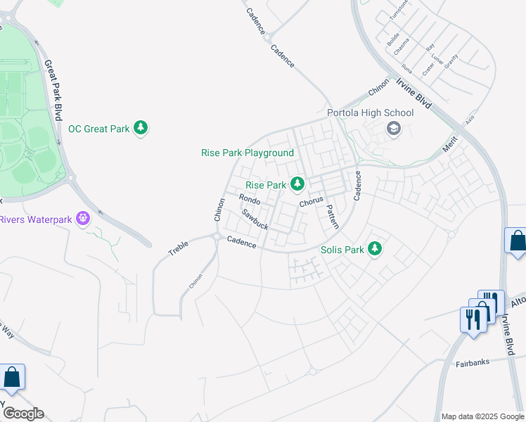 map of restaurants, bars, coffee shops, grocery stores, and more near 120 Sawbuck in Irvine