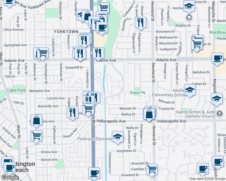map of restaurants, bars, coffee shops, grocery stores, and more near 20262 Billingsgate Lane in Huntington Beach