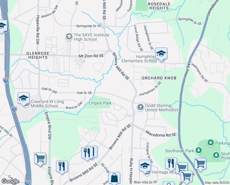 map of restaurants, bars, coffee shops, grocery stores, and more near 324 Oak Drive Southeast in Atlanta