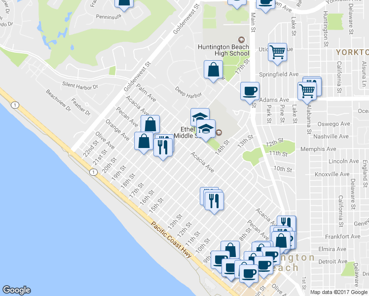 map of restaurants, bars, coffee shops, grocery stores, and more near 527 16th Street in Huntington Beach