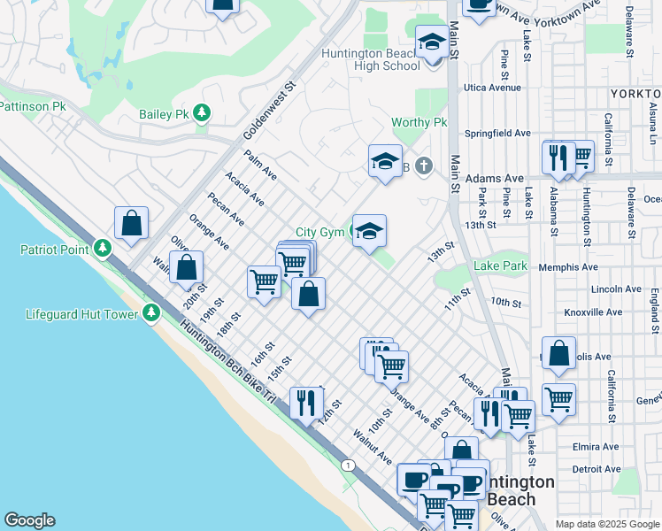 map of restaurants, bars, coffee shops, grocery stores, and more near 527 16th Street in Huntington Beach