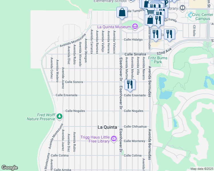 map of restaurants, bars, coffee shops, grocery stores, and more near 52295 Avenue Herrera in La Quinta