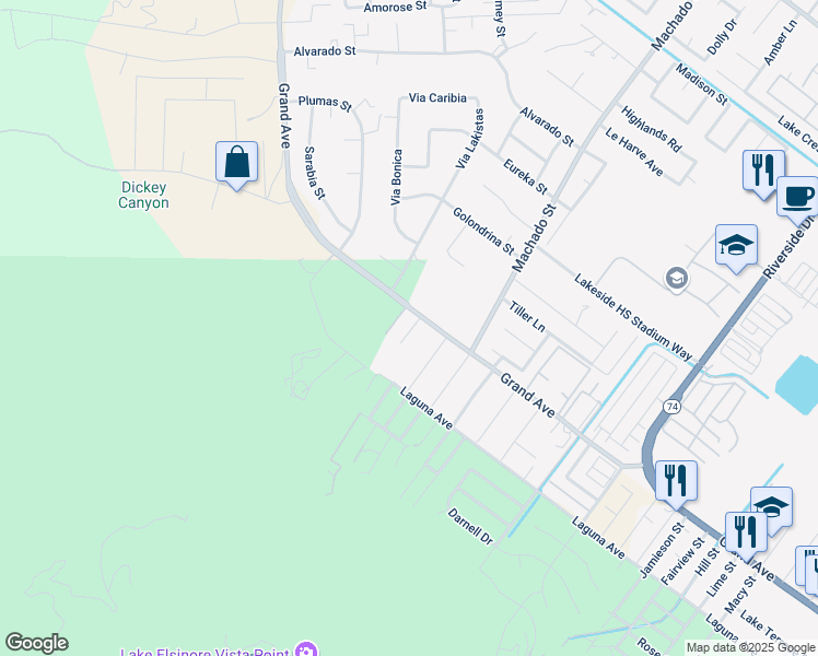 map of restaurants, bars, coffee shops, grocery stores, and more near 15045 Grand Avenue in Lake Elsinore