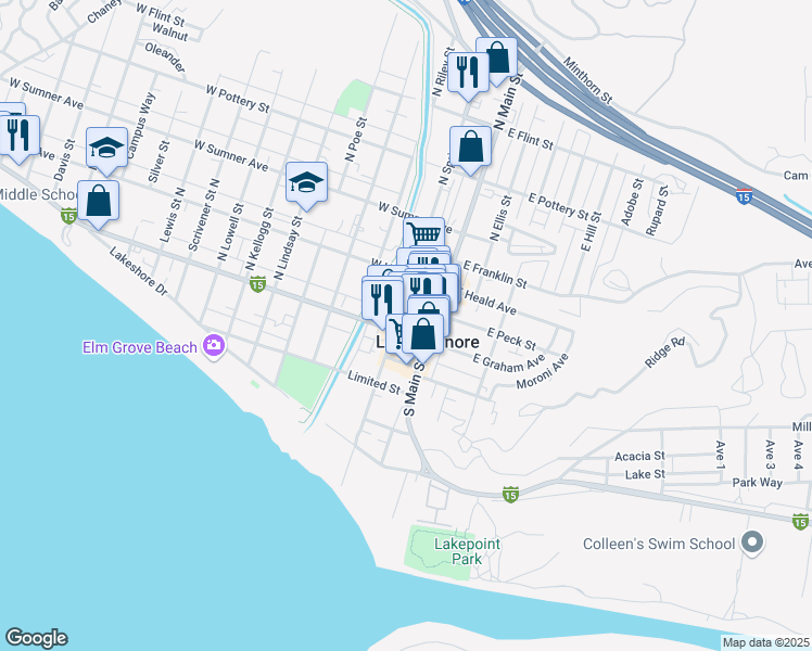 map of restaurants, bars, coffee shops, grocery stores, and more near 127 West Graham Avenue in Lake Elsinore
