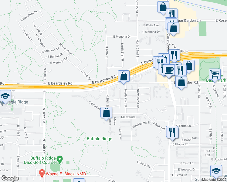 map of restaurants, bars, coffee shops, grocery stores, and more near 20025 North 20th Street in Phoenix